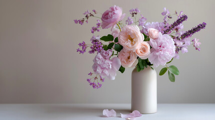 Fototapeta premium A delicate arrangement of pastel pink and purple flowers, featuring soft-hued roses, lavender sprigs, and peonies, is elegantly displayed in a tall, smooth white ceramic cylinder v