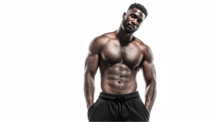 Muscular black athlete wearing black sweatpants is posing with hands in pockets on a transparent background, showcasing his strong physique and confident demeanor