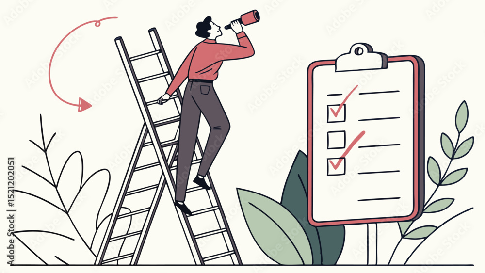Poster man on a ladder looking through a telescope with a clipboard checklist and plants in the background