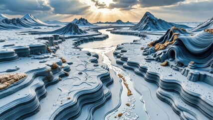 Frozen River Landscape with Snowy Mountains and Sunlight