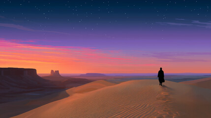 Fototapeta premium A lone pixelated figure strides through an endless desert, their blocky silhouette casting a long, distorted shadow across the rippling sand dunes. The setting sun bathes the lands