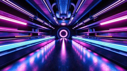  Futuristic Neon Tunnel with Glowing Lights and Reflective Floor