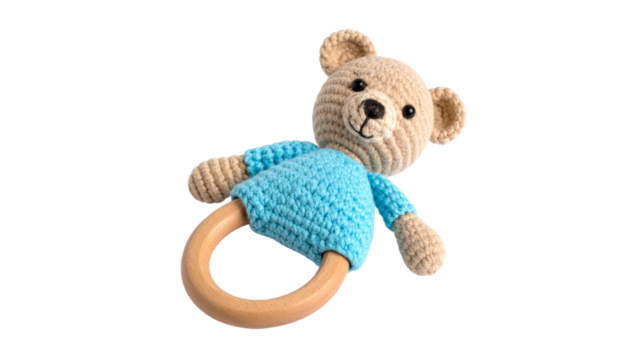 Knitted Bear Baby Rattle  isolated on solid white background