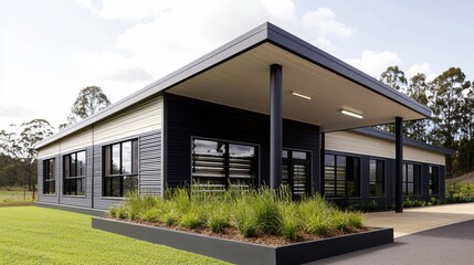Fototapeta premium A modern green roof installation on a biomass fuel production building, with native grasses, solar tubes, and rainwater harvesting troughs feeding into a groundâ€level storage area