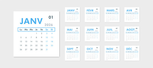 2026 calendar modern classic on French language. Week starts on Monday. Desk or wall blue calendar in minimalist style