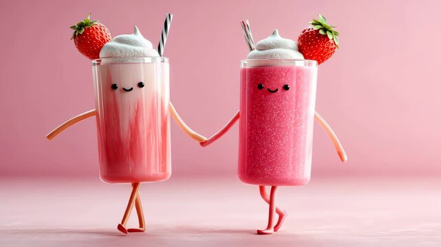 Cute cartoon-style illustration of two smiling milkshake characters holding hands, featuring vibrant colors and playful expressions, set against a soft pink background, evoking a sense of joy and frie