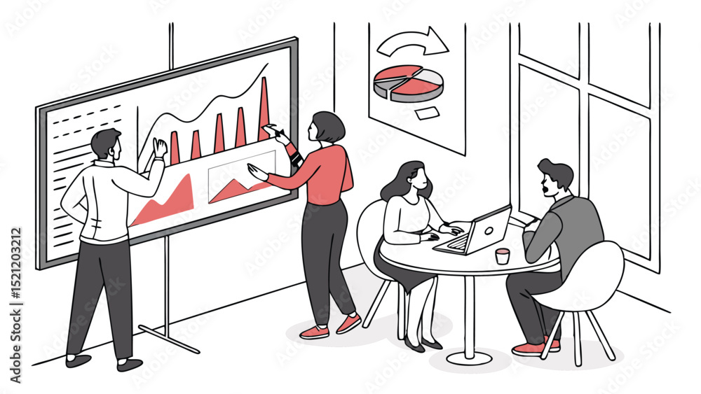 Poster business meeting with team members discussing charts and graphs on a whiteboard in an office setting