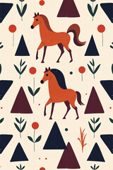 Seamless Pattern with Stylized Horses Geometric Shapes and Floral Elements