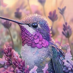 Colorful Hummingbird Perched Among Vibrant Flowers in Soft Focus