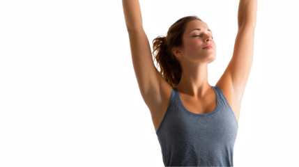 Young woman in workout attire stretching arms upward with closed eyes, embodying relaxation and mindfulness against a transparent background for design versatility