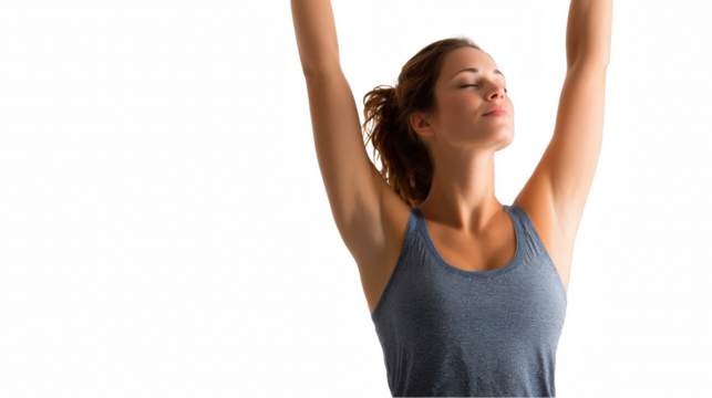 Young woman in workout attire stretching arms upward with closed eyes, embodying relaxation and mindfulness against a transparent background for design versatility