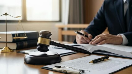 Man in suit studying law book with gavel and scales of justice on desk. Courtroom scene and legal expertise footage.