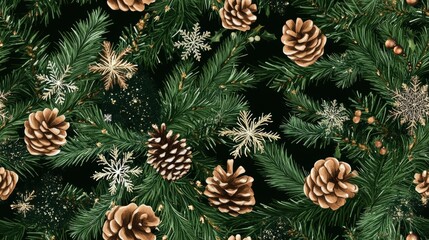 A repeating pattern of Christmas tree leaves with pinecones, garlands, and snowflakes, arranged for seamless tiling