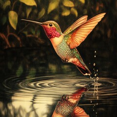 Colorful Hummingbird Hovering Above Sparkling Water Surface