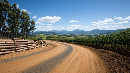 Fototapeta premium A vibrant green eucalyptus plantation on rolling hills, with felled logs prepared for biomass chipping alongside a gravel access road leading to a processing mill