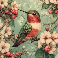 Vibrant Hummingbird Among Blossoms in Delicate Floral Arrangement