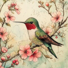 Colorful Hummingbird Sitting on Blossom Branch with Beautiful Flowers