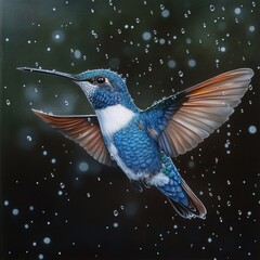 Vibrant Hummingbird in Mid-Flight Surrounded by Water Droplets