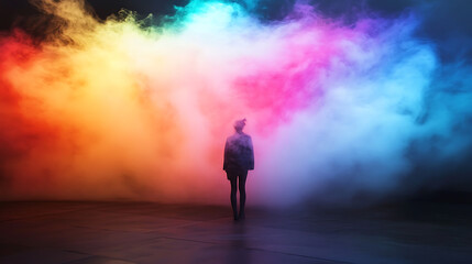 A foggy forest with trees in the background. The trees are covered in orange leaves. The sky is cloudy and the air is misty