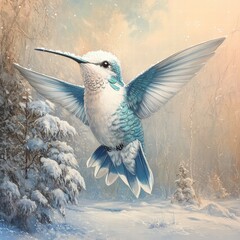 Majestic Hummingbird in Winter Wonderland with Snowy Landscape