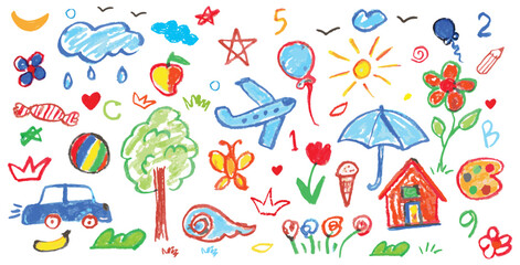 Colorful kids doodle sketch vector set. Hand drawn crayon style child art with sun, house, flower, rainbow, tree, cloud, heart. Cute pencil texture children drawing. Fun cartoon element collection