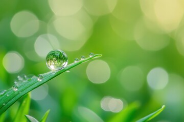 Minimalist water drop centered on a clean green background, macro lens clarity, soft light environment