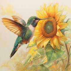 Hummingbird Feeding on Bright Sunflower in Nature Scene