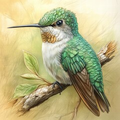 Vibrant Hummingbird Perched on Branch with Delicate Green Feathers