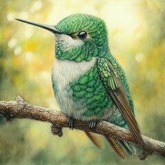 Vibrant Green Hummingbird Perched on a Branch in Nature's Glow