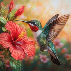Colorful Hummingbird with Vibrant Red Hibiscus Flower in Garden