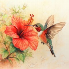 Colorful Hummingbird Approaching Vibrant Red Flower in Bloom