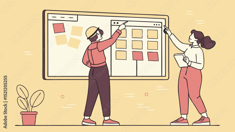 Aufkleber two people collaborating on a project using a whiteboard with sticky notes and a digital interface