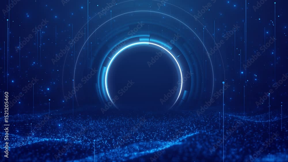 Poster futuristic digital landscape glowing circles floating data blocks, high-tech, sci-fi environment fly