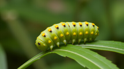 Fototapeta premium A green caterpillar with yellow, orange, and black markings is crawling on a leaf.