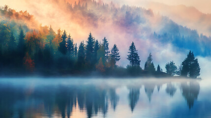 Fototapeta premium A foggy forest with trees in the background. The trees are covered in orange leaves. The sky is cloudy and the air is misty