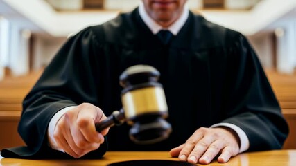Male judge strikes gavel in courtroom. Legal proceeding concept. Justice and law system footage for court decision. - Powered by Adobe