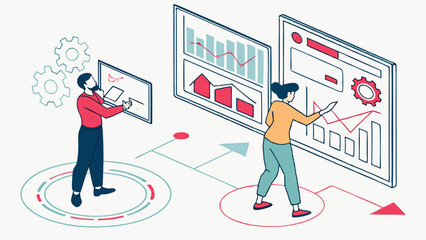 Two individuals analyzing data on screens with charts graphs and gears in a collaborative environment setting