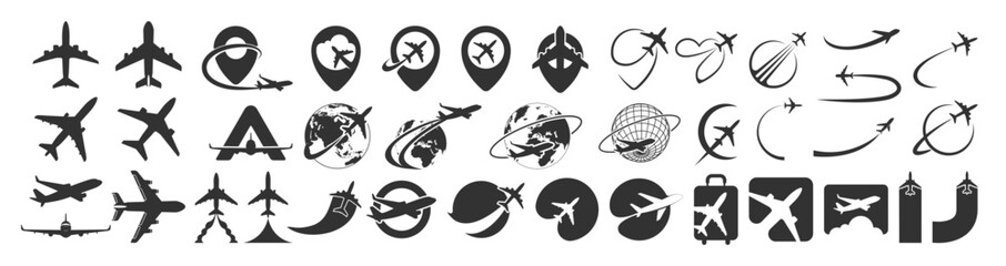 Airplane travel Logo. Travel, tourism agency logo design, icons and symbol. Silhouette of flying plane. Template for logo, emblem on Transparent Background.