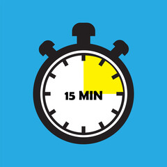 15 Minutes Timer Icon, Modern Flat Design. Clock, Stopwatch, Chronometer Showing Fifteen Minutes Label. Cooking time, Countdown Indication.