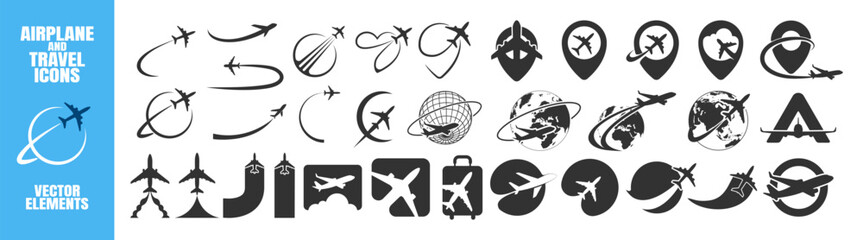 Airplane travel Logo. Travel, tourism agency logo design, icons and symbol. Silhouette of flying plane. Template for logo, emblem on Transparent Background.