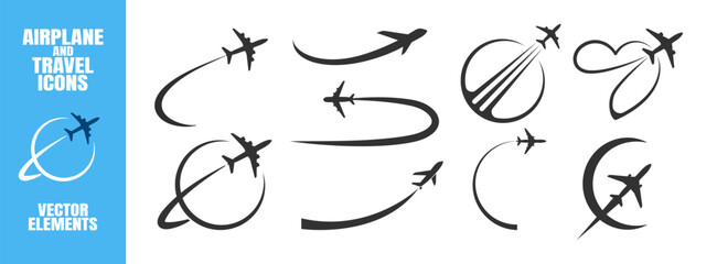 Airplane Travel Logo Icon Set. Modern Flight, Pin, Globe and Route Symbols on Transparent Background.