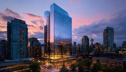 Modern city skyline at twilight featuring illuminated high-rise buildings.