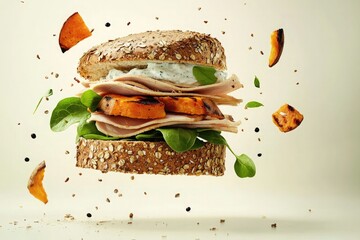 A floating sandwich made with whole grain bread, filled with slices of turkey, lettuce, and sweet potato. Ingredients are scattered around, creating a dynamic scene.