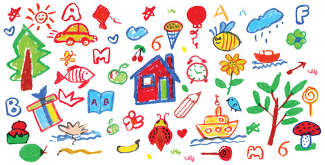 Crayon kids doodle sketch set. Hand drawn child art with house, tree, car, boat, bee, flower, clock, alphabet, and fruit. Cute colorful pencil texture illustration for school and nursery design