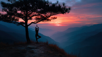 Woman Practicing Yoga in Tree Pose Against a Stunning Mountain Landscape at Sunset