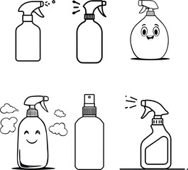 Spray Bottle Illustration Symbol Set Featuring Six Distinct Variations: Simple Spray Bottles, Smiling Facial Expressions, Different Nozzle Designs, and Cloud Elements—Representing Cleaning, Freshness,