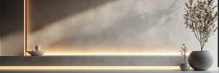 Modern wall background with smooth texture, minimal structure, neutral palette and ambient lighting design