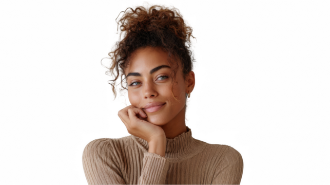 Studio portrait of a young woman with curly hair tied up, wearing a beige turtleneck sweater, resting her chin on her hand and smiling gently, against a transparent background