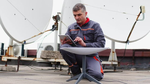 Telecommunication internet connection concept, industrial production station concept. Television worker, engineer, technician sets up an innovative satellite dish for the Internet.