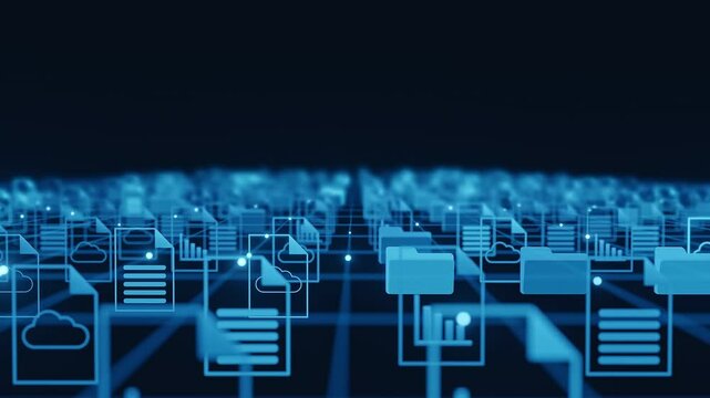 Abstract digital background showing documents, folders, and cloud icons connected by a grid network, representing data flow and management in a technological environment. - Powered by Adobe